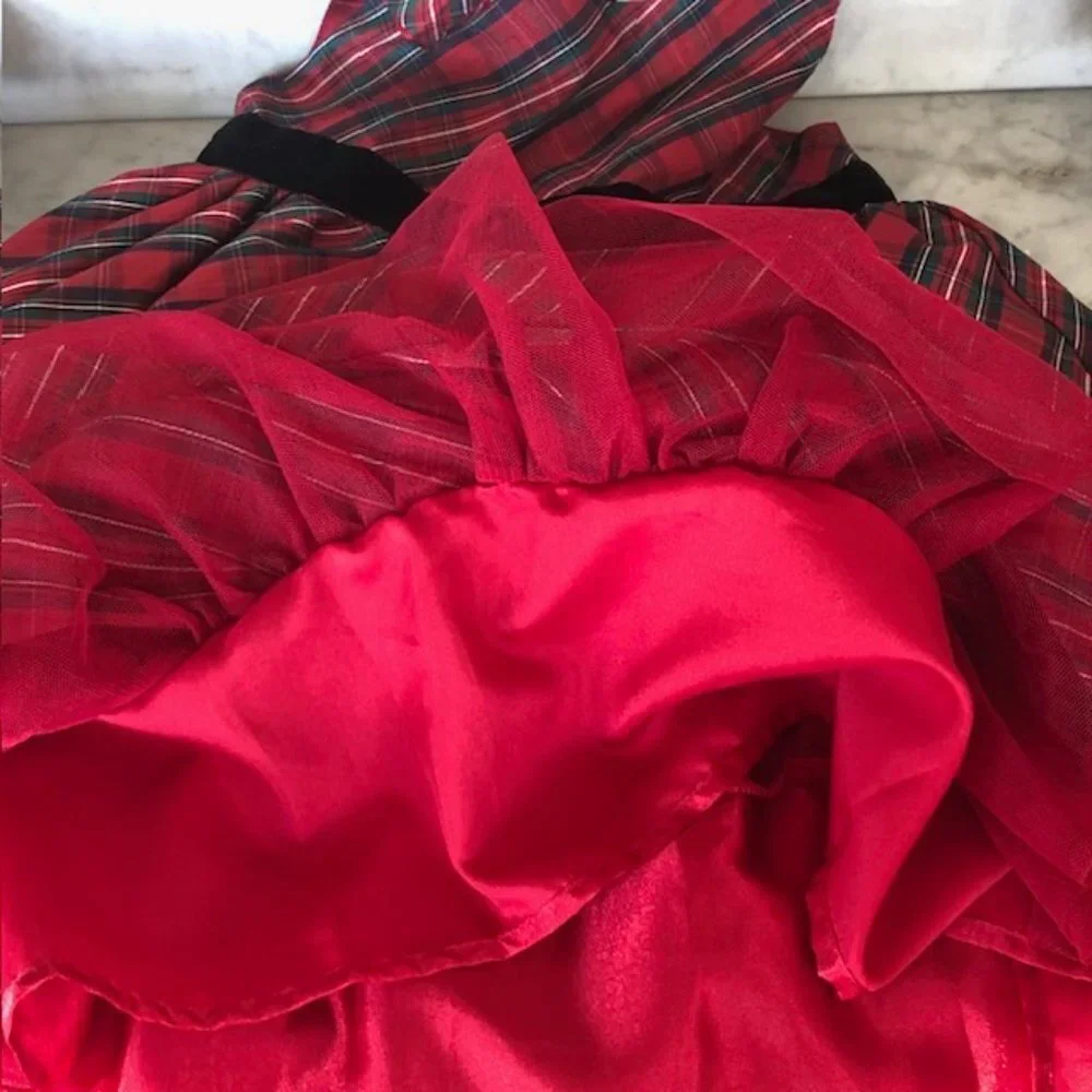 GYMBOREE Red Tartan Plaid Sleeveless Black Velvet Bow Dress 5T